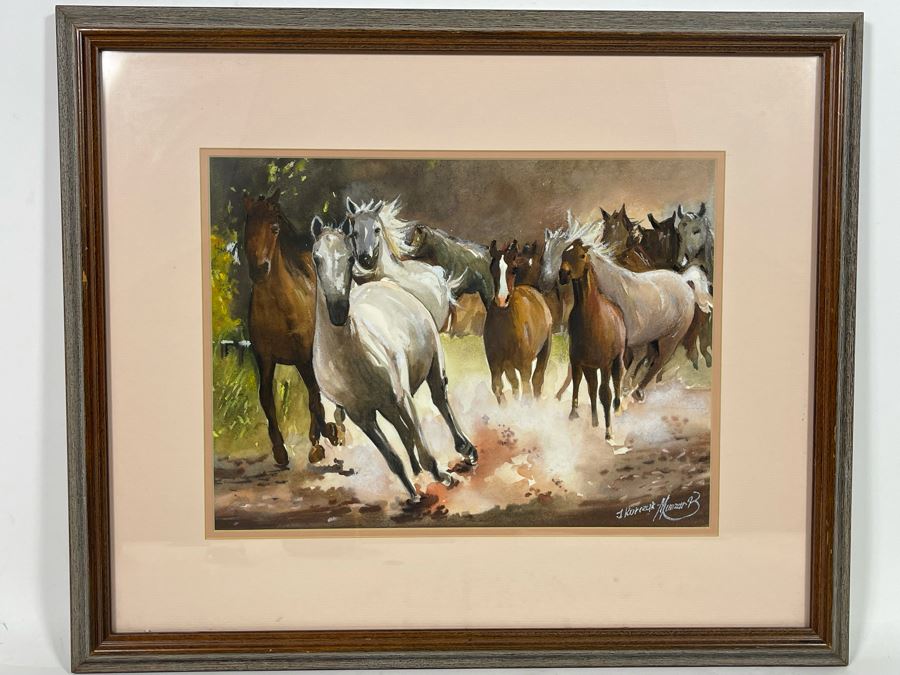 Original Signed Watercolor Painting 13.5 X 10 Running Horses Painting Signed And Framed 21 X 18 [Photo 3]