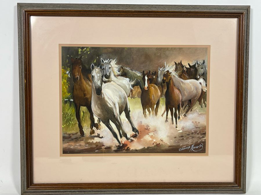 Original Signed Watercolor Painting 13.5 X 10 Running Horses Painting Signed And Framed 21 X 18 [Photo 4]