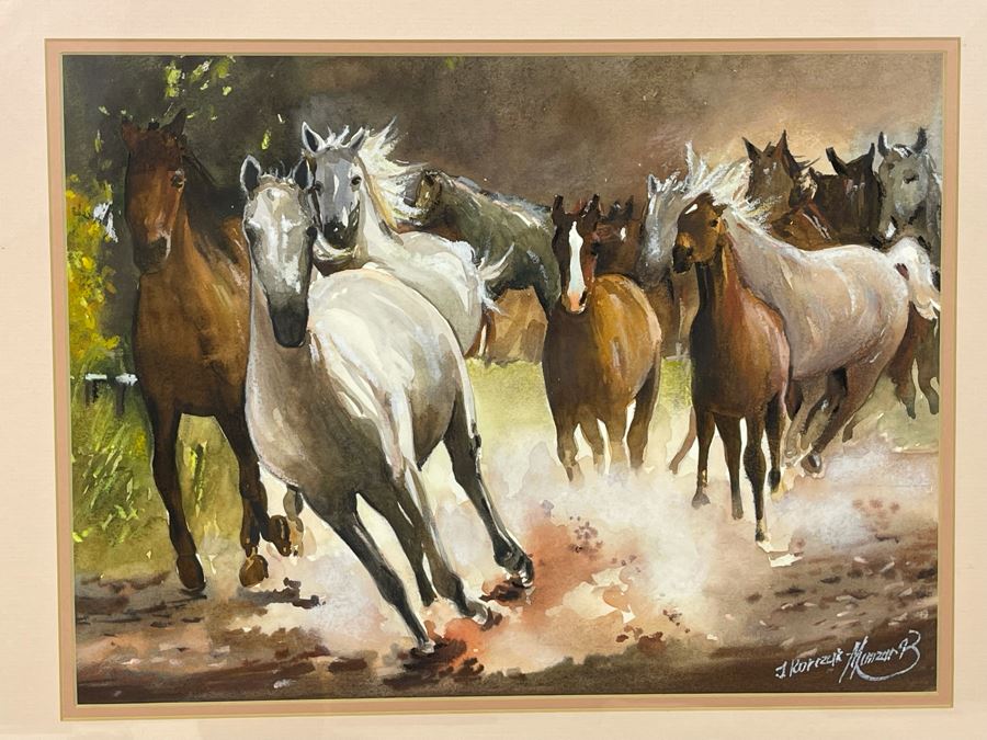 Original Signed Watercolor Painting 13.5 X 10 Running Horses Painting Signed And Framed 21 X 18 [Photo 1]