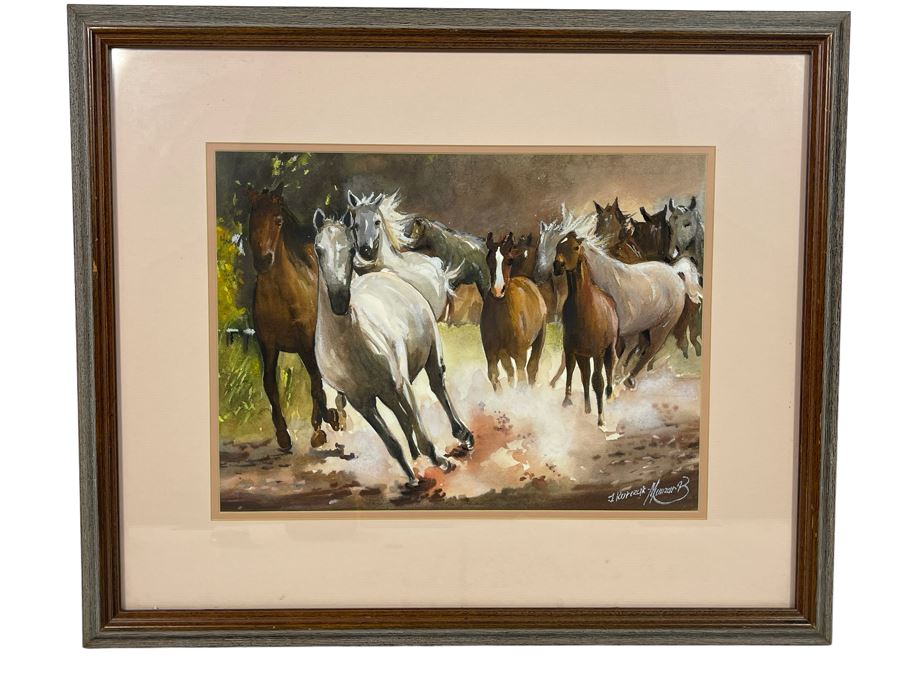 Original Signed Watercolor Painting 13.5 X 10 Running Horses Painting Signed And Framed 21 X 18 [Photo 2]