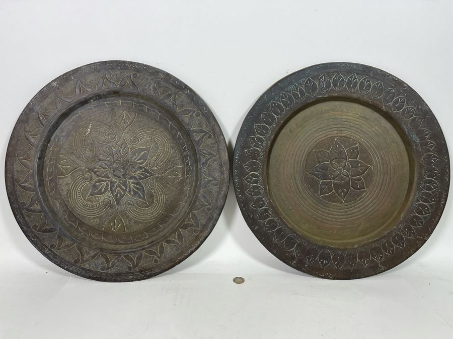 Pair Of Hammered Brass Charger Plates Wall Decor From India 18.5R [Photo 2]