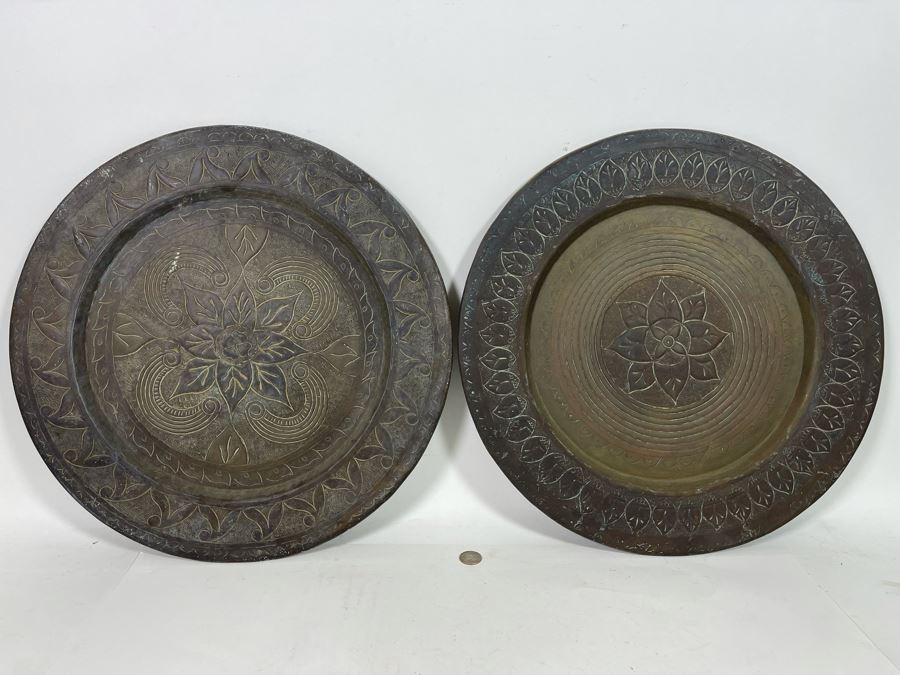 Pair Of Hammered Brass Charger Plates Wall Decor From India 18.5R [Photo 3]
