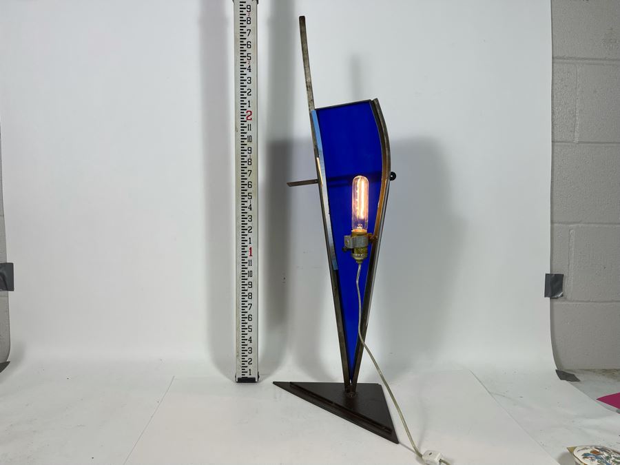 Metal And Blue Glass Sculptural Light Table Lamp By Artist Karen Dugan 14W X 7D X 32H [Photo 9]