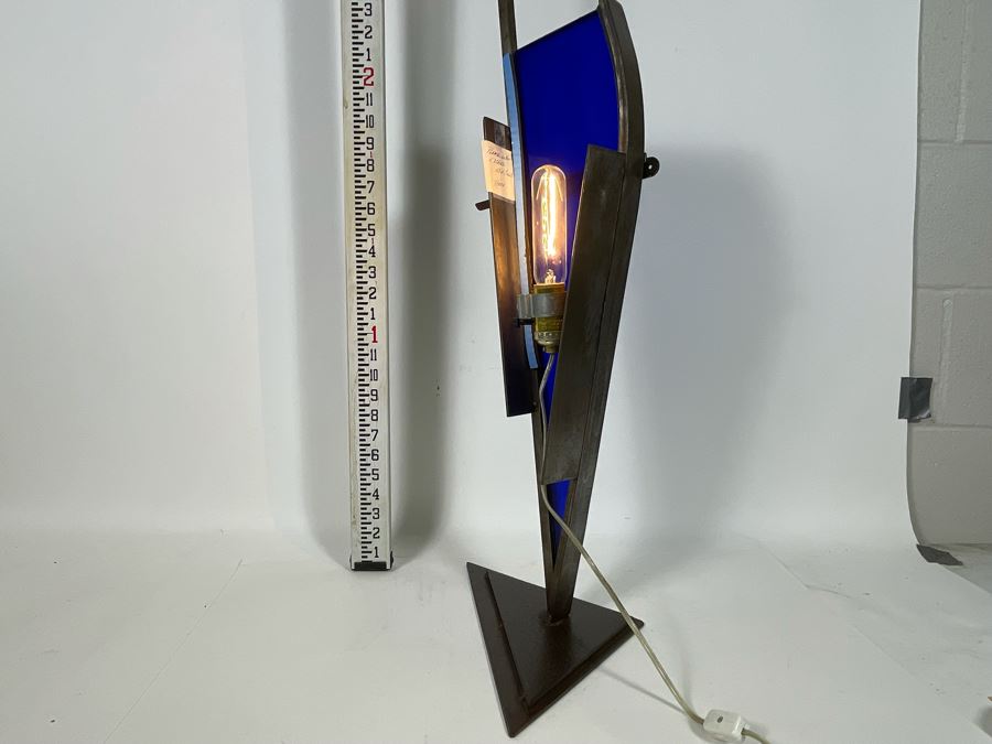 Metal And Blue Glass Sculptural Light Table Lamp By Artist Karen Dugan 14W X 7D X 32H [Photo 11]