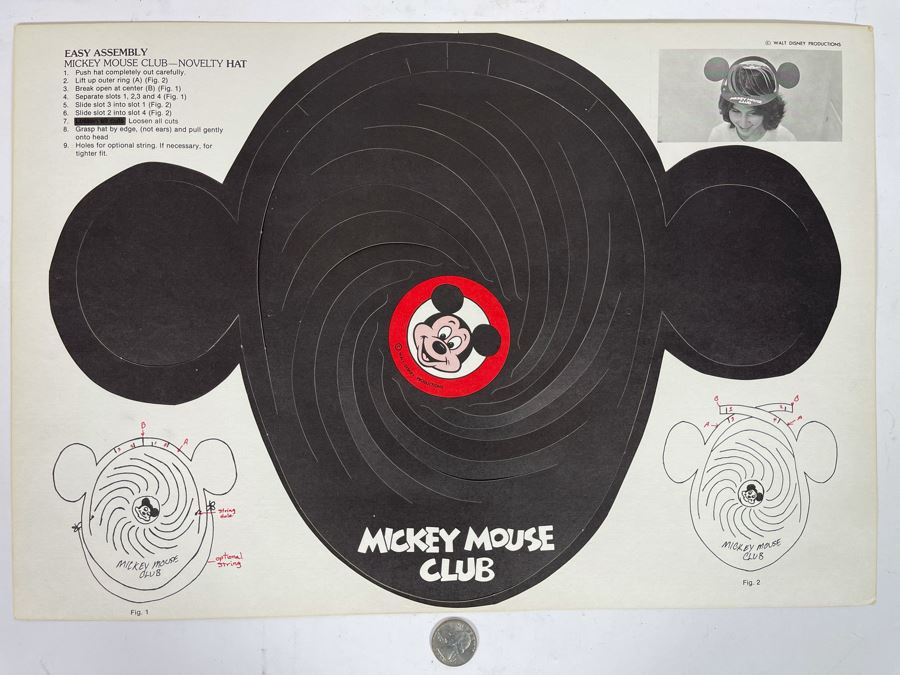 Pair Of Vintage Walt Disney Productions Mickey Mouse Club Paper Ear Hats Unused 18 X 12 [Photo 3]