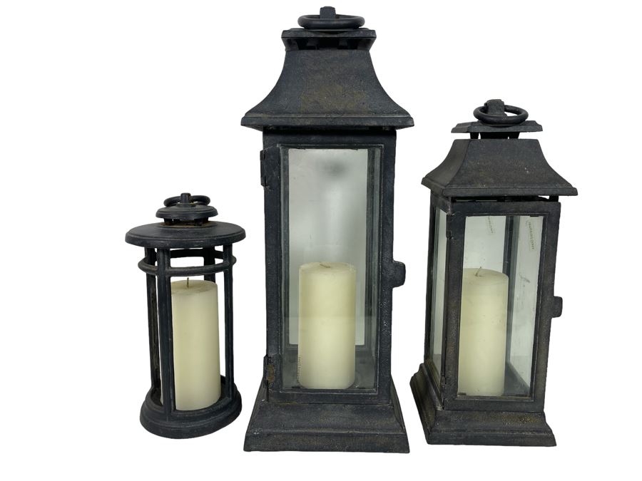 Set Of (3) Contemporary Heavy Cast Iron Outdoor Lanterns 12H - 21H [Photo 1]