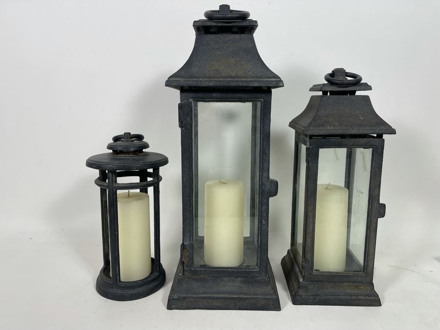 Set Of (3) Contemporary Heavy Cast Iron Outdoor Lanterns 12H - 21H [Photo 3]