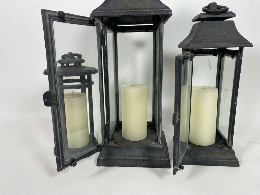 Set Of (3) Contemporary Heavy Cast Iron Outdoor Lanterns 12H - 21H [Photo 4]