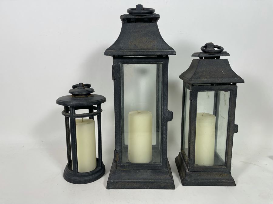Set Of (3) Contemporary Heavy Cast Iron Outdoor Lanterns 12H - 21H [Photo 2]