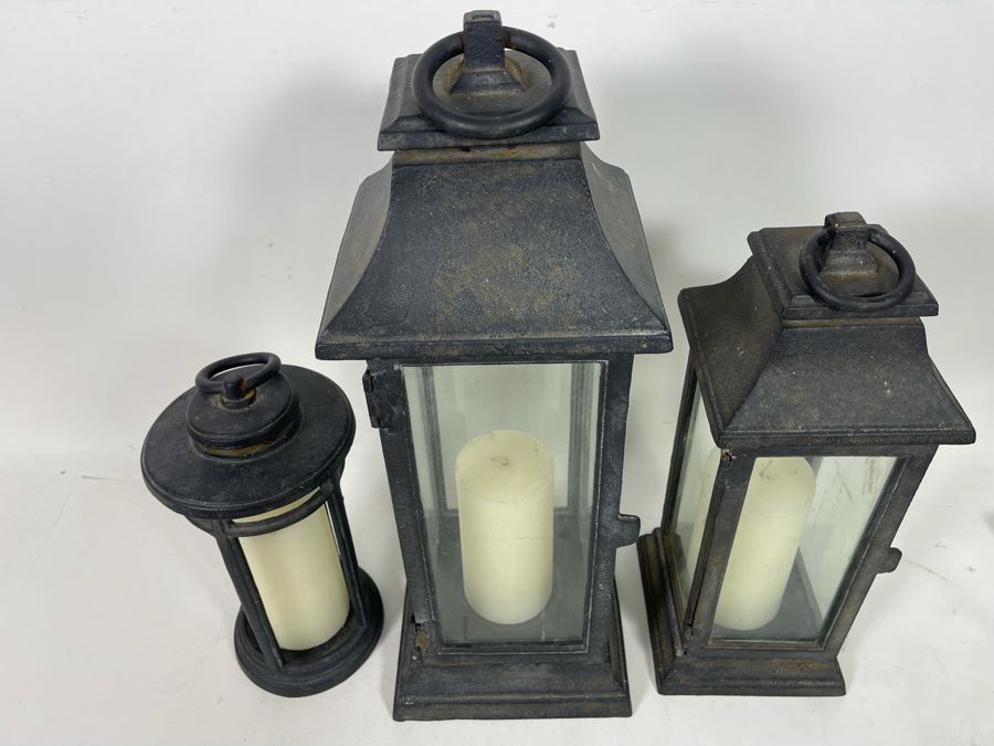 Set Of (3) Contemporary Heavy Cast Iron Outdoor Lanterns 12H - 21H [Photo 5]
