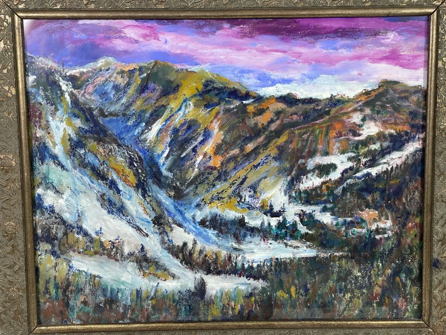 Original Painting On Paper 27.5 X 22 Of Mountain Range Ski Resort Artist Unknown Framed 39 X 33 [Photo 5]