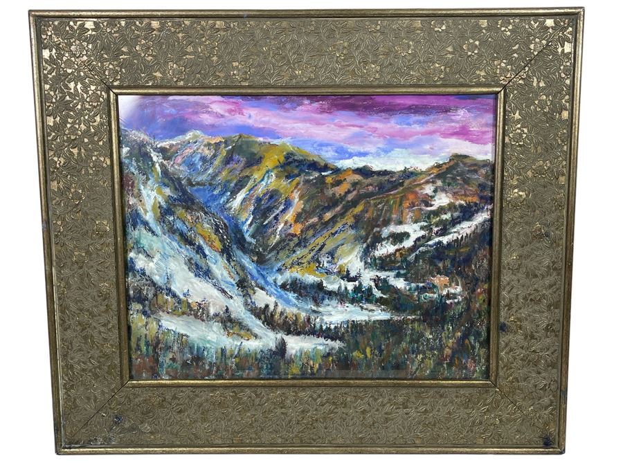 Original Painting On Paper 27.5 X 22 Of Mountain Range Ski Resort Artist Unknown Framed 39 X 33 [Photo 2]