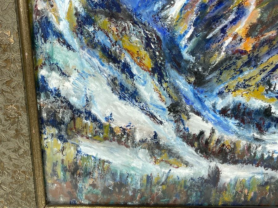 Original Painting On Paper 27.5 X 22 Of Mountain Range Ski Resort Artist Unknown Framed 39 X 33 [Photo 7]