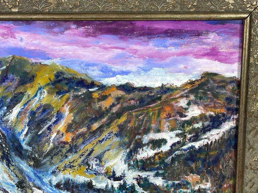 Original Painting On Paper 27.5 X 22 Of Mountain Range Ski Resort Artist Unknown Framed 39 X 33 [Photo 11]