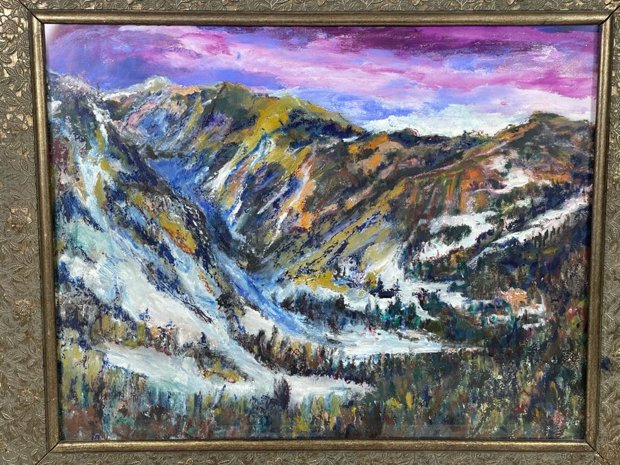 Original Painting On Paper 27.5 X 22 Of Mountain Range Ski Resort Artist Unknown Framed 39 X 33