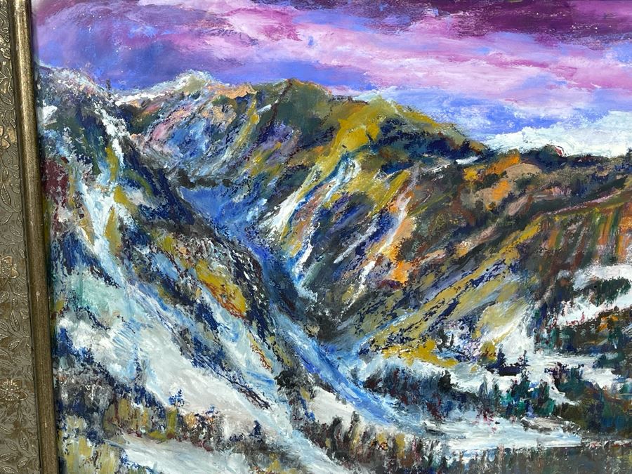 Original Painting On Paper 27.5 X 22 Of Mountain Range Ski Resort Artist Unknown Framed 39 X 33 [Photo 8]