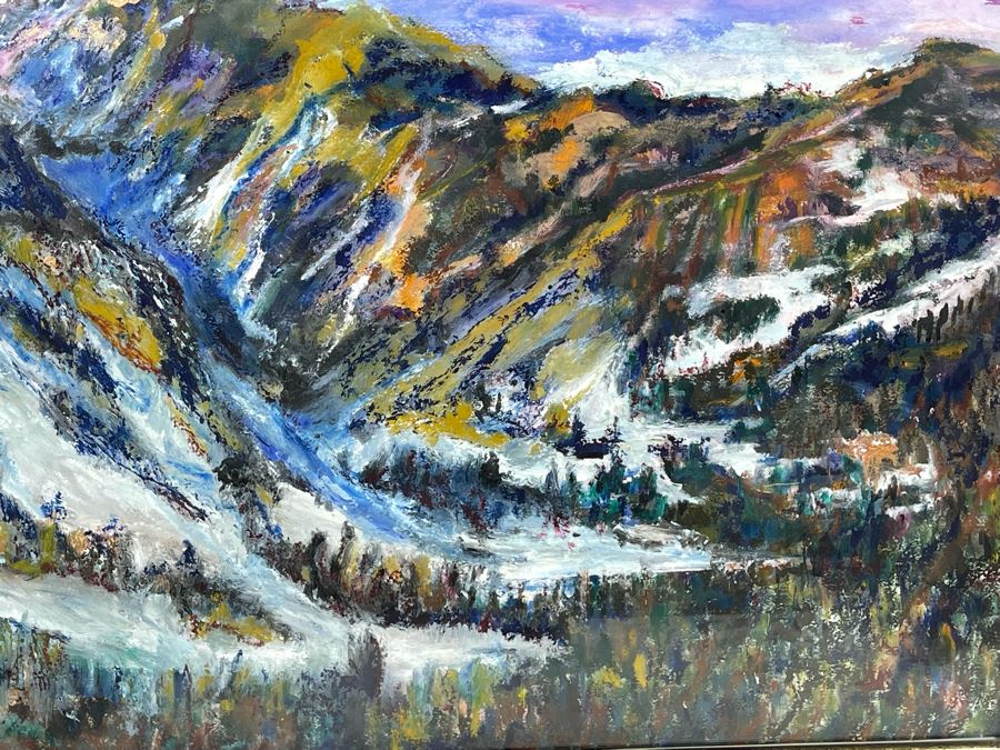 Original Painting On Paper 27.5 X 22 Of Mountain Range Ski Resort Artist Unknown Framed 39 X 33 [Photo 9]