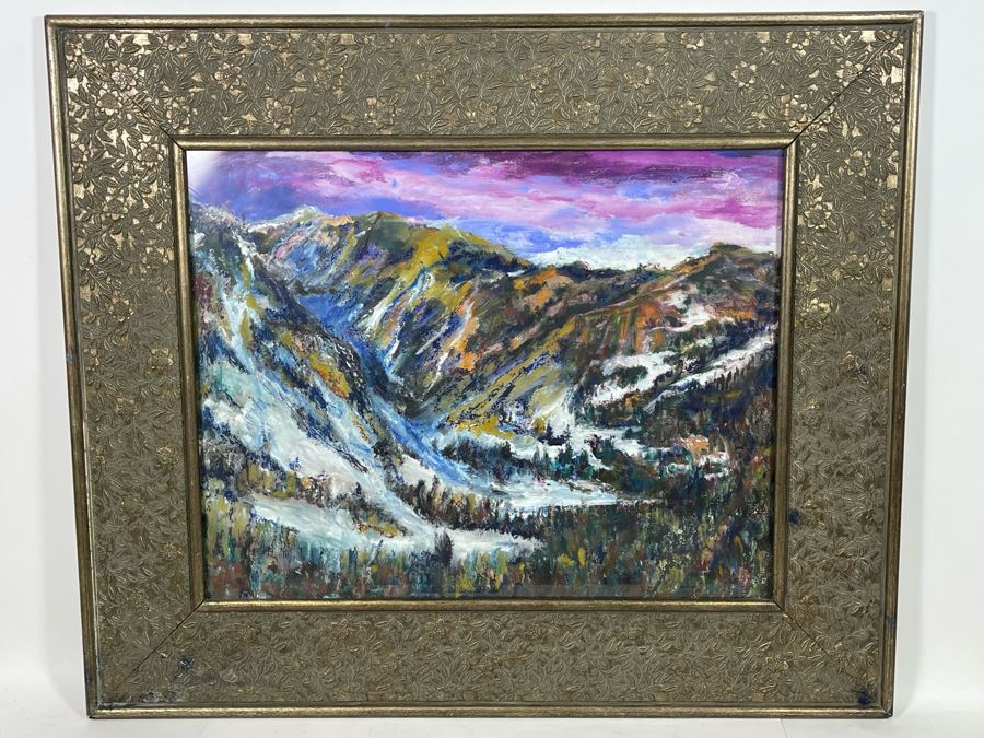 Original Painting On Paper 27.5 X 22 Of Mountain Range Ski Resort Artist Unknown Framed 39 X 33 [Photo 19]