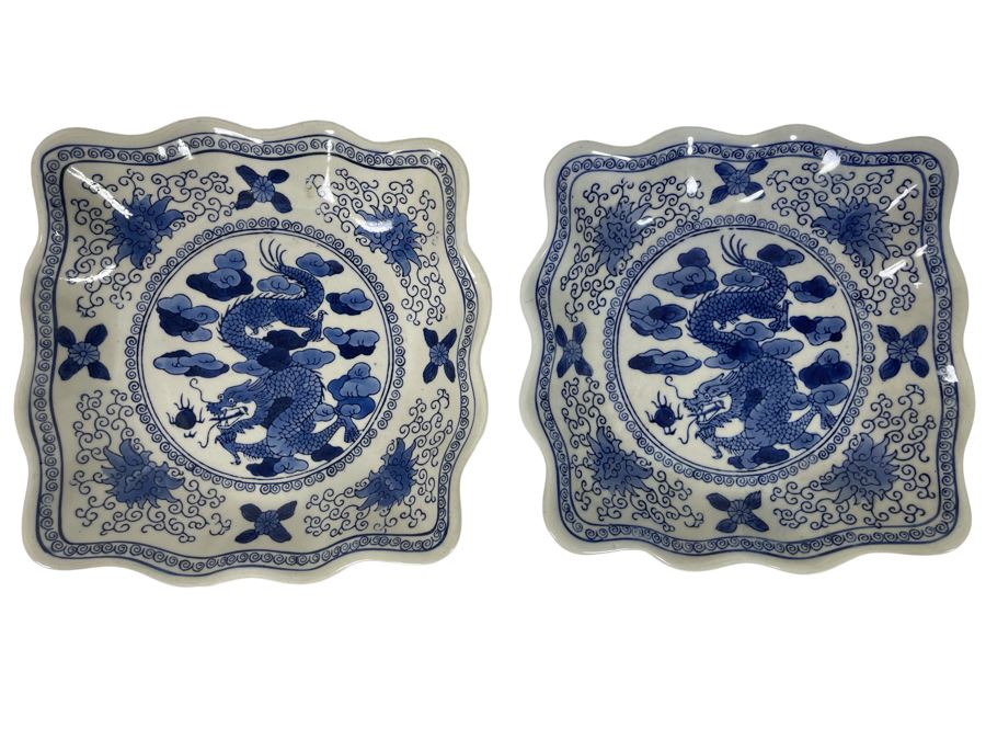 Pair Of Signed Chinese Hand Painted Porcelain Bowls Decorated With Dragons 8.5W X 2H