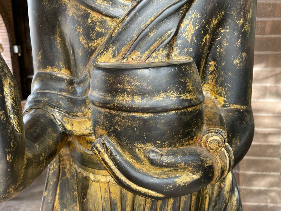 Larger Than Life Size Carved Wooden Gilt Burmese Buddha Standing On Lotus Flower 7Ft 7In Tall X 21”W X 19”D Retails Over $5,000 [Photo 8]