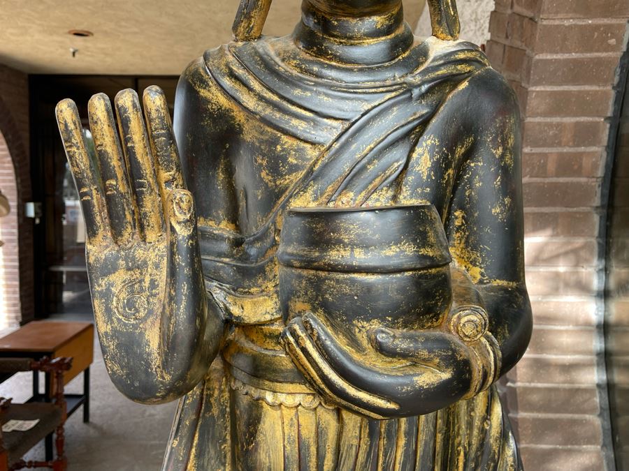 Larger Than Life Size Carved Wooden Gilt Burmese Buddha Standing On Lotus Flower 7Ft 7In Tall X 21”W X 19”D Retails Over $5,000 [Photo 9]