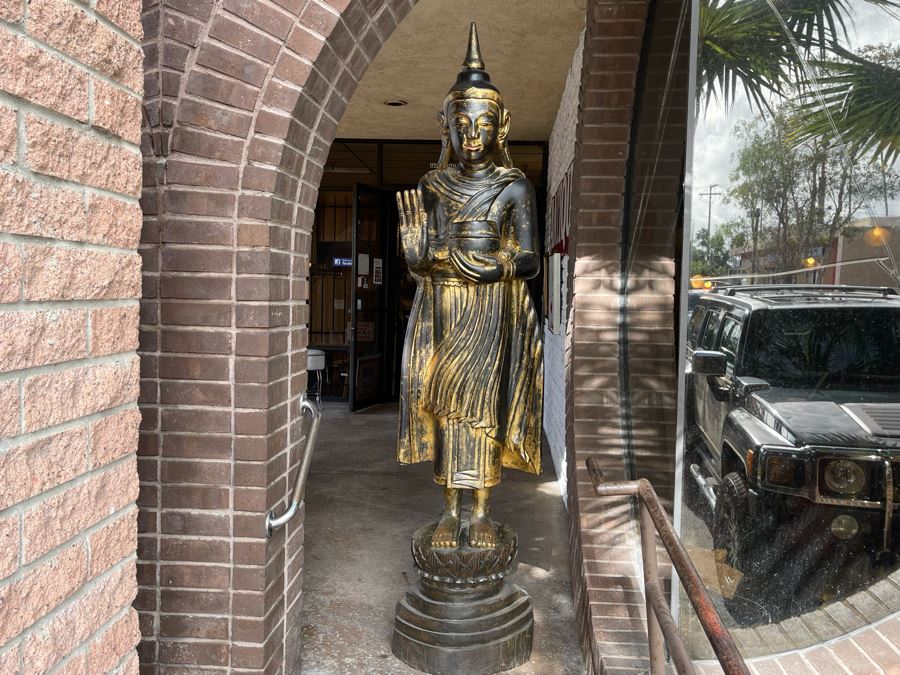 Larger Than Life Size Carved Wooden Gilt Burmese Buddha Standing On Lotus Flower 7Ft 7In Tall X 21”W X 19”D Retails Over $5,000 [Photo 4]