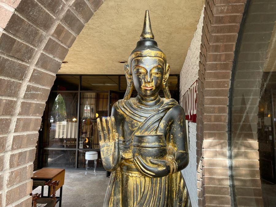 Larger Than Life Size Carved Wooden Gilt Burmese Buddha Standing On Lotus Flower 7Ft 7In Tall X 21”W X 19”D Retails Over $5,000 [Photo 5]