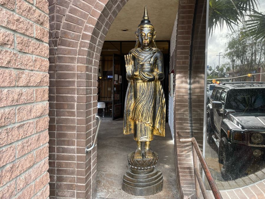Larger Than Life Size Carved Wooden Gilt Burmese Buddha Standing On Lotus Flower 7Ft 7In Tall X 21”W X 19”D Retails Over $5,000 [Photo 3]