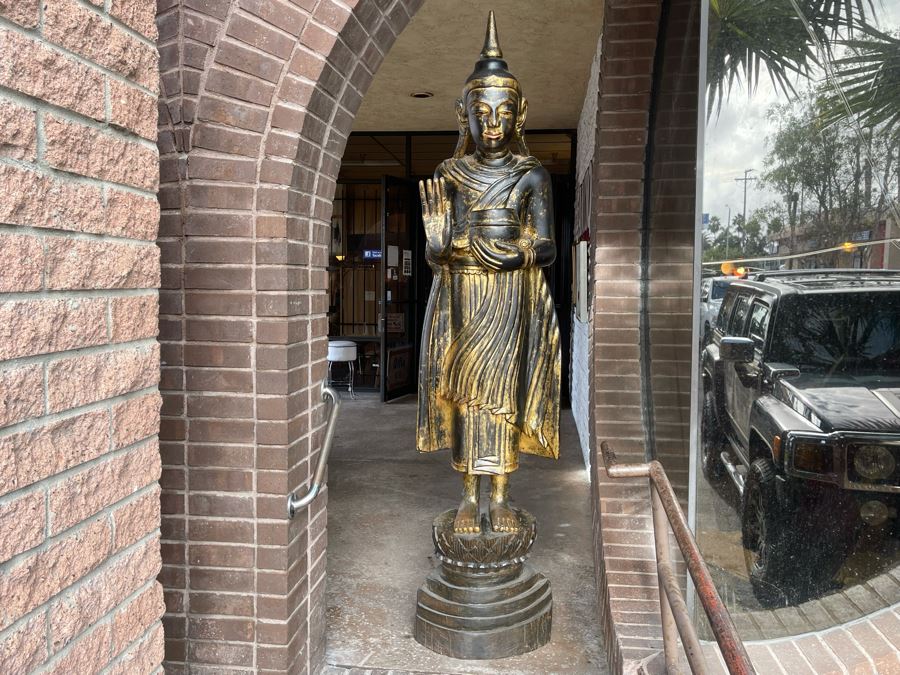 Larger Than Life Size Carved Wooden Gilt Burmese Buddha Standing On Lotus Flower 7Ft 7In Tall X 21”W X 19”D Retails Over $5,000 [Photo 2]