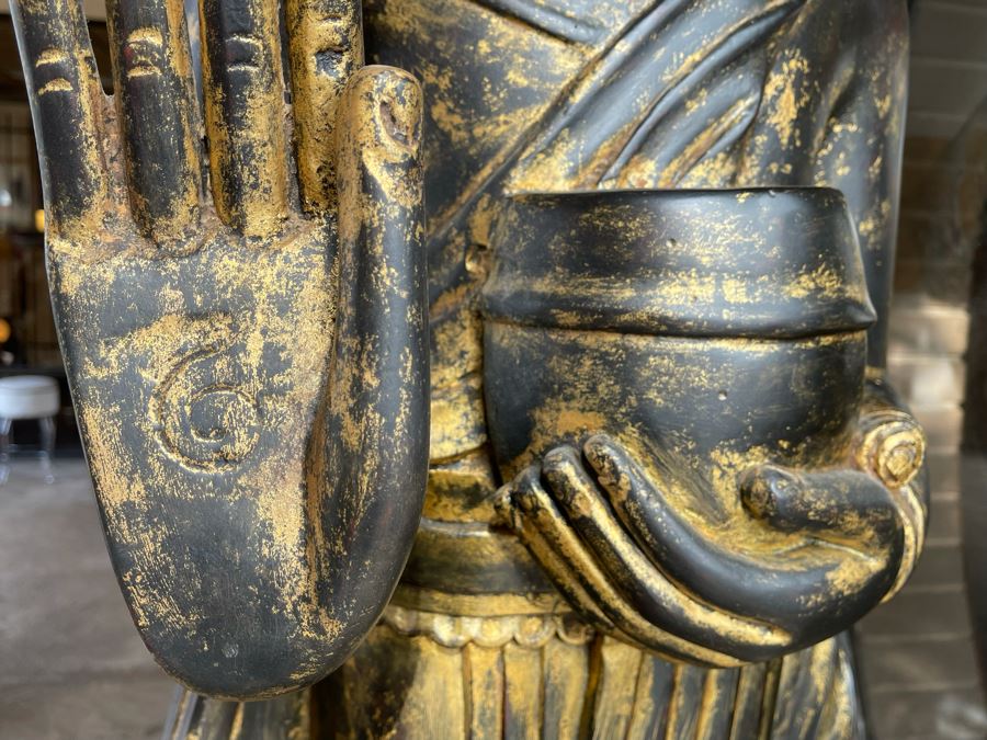 Larger Than Life Size Carved Wooden Gilt Burmese Buddha Standing On Lotus Flower 7Ft 7In Tall X 21”W X 19”D Retails Over $5,000 [Photo 12]