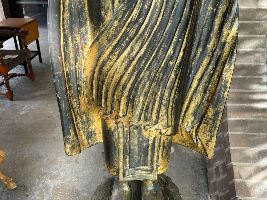 Larger Than Life Size Carved Wooden Gilt Burmese Buddha Standing On Lotus Flower 7Ft 7In Tall X 21”W X 19”D Retails Over $5,000 [Photo 11]