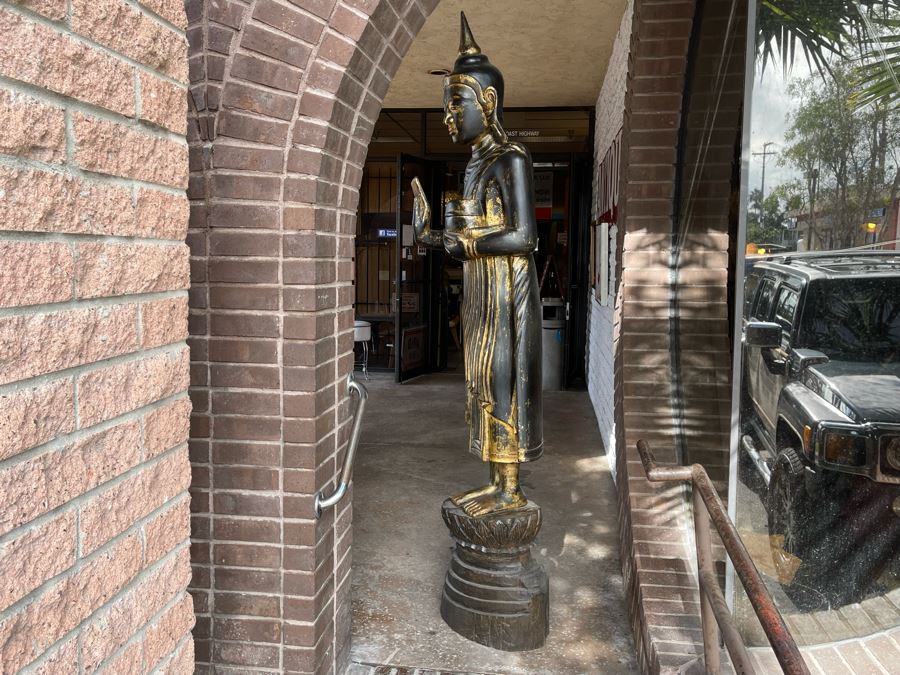 Larger Than Life Size Carved Wooden Gilt Burmese Buddha Standing On Lotus Flower 7Ft 7In Tall X 21”W X 19”D Retails Over $5,000 [Photo 13]