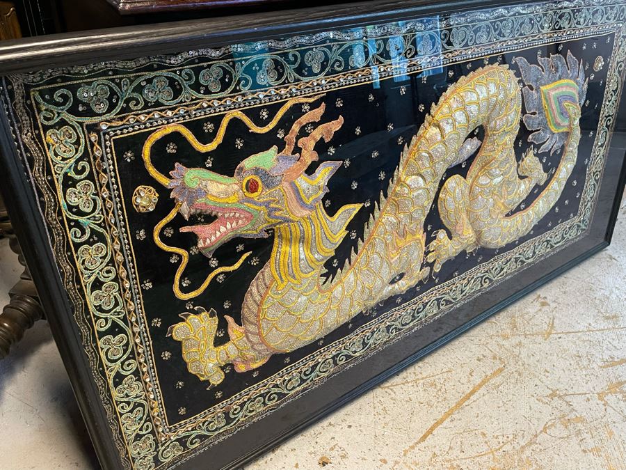 Large Impressive Shadowbox Framed Hand-Embroidery Sequin Dragon Burmese Kalaga Tapestry 58W X 30H X 3D [Photo 10]