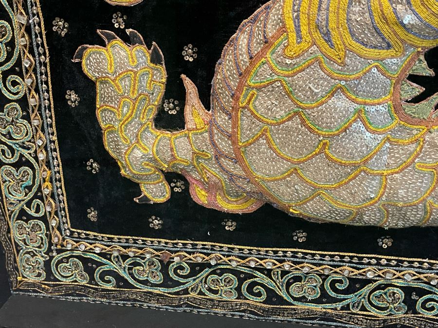 Large Impressive Shadowbox Framed Hand-Embroidery Sequin Dragon Burmese Kalaga Tapestry 58W X 30H X 3D [Photo 6]