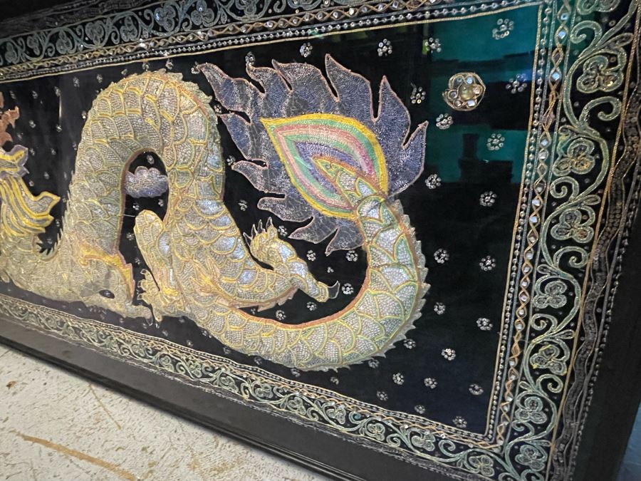 Large Impressive Shadowbox Framed Hand-Embroidery Sequin Dragon Burmese Kalaga Tapestry 58W X 30H X 3D [Photo 9]