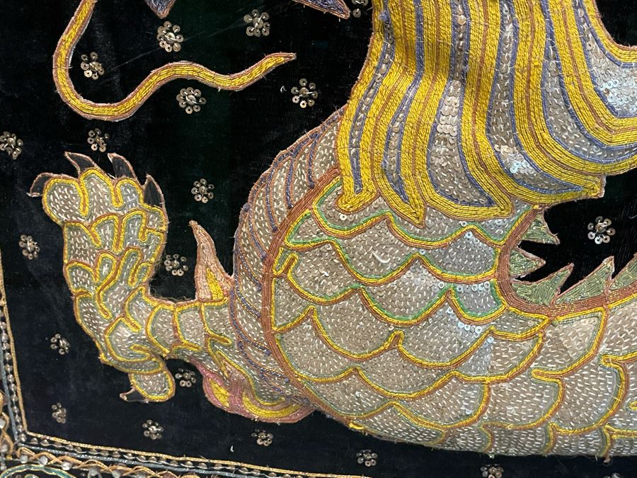Large Impressive Shadowbox Framed Hand-Embroidery Sequin Dragon Burmese Kalaga Tapestry 58W X 30H X 3D [Photo 5]