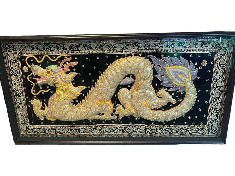 Large Impressive Shadowbox Framed Hand-Embroidery Sequin Dragon Burmese Kalaga Tapestry 58W X 30H X 3D