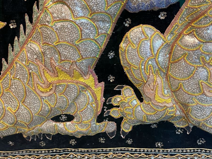 Large Impressive Shadowbox Framed Hand-Embroidery Sequin Dragon Burmese Kalaga Tapestry 58W X 30H X 3D [Photo 7]