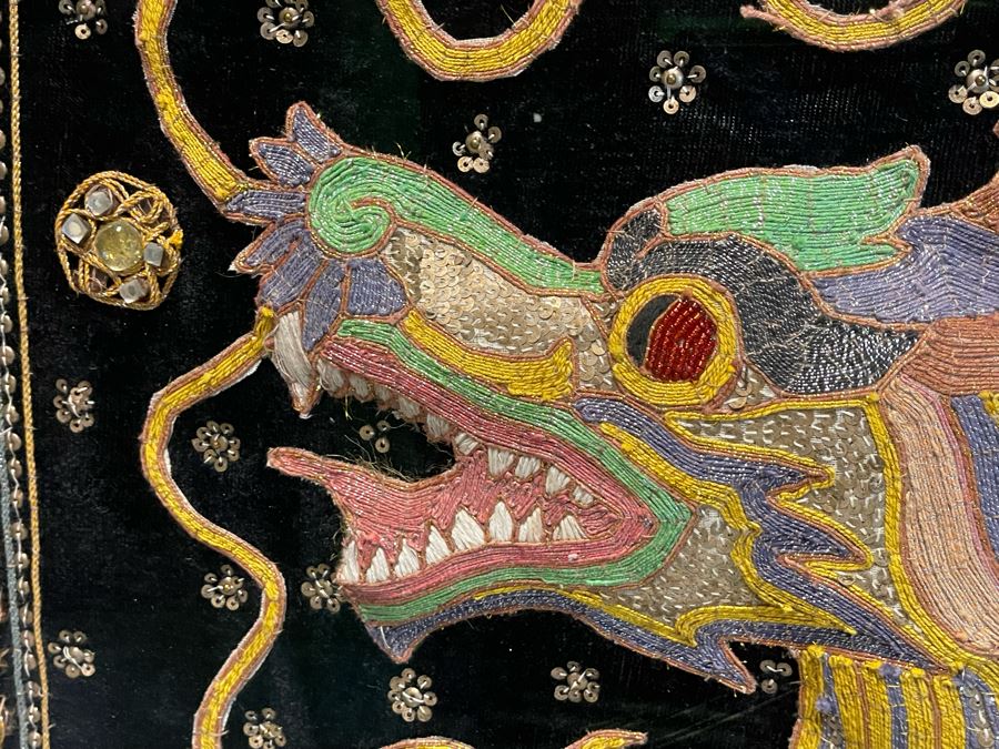 Large Impressive Shadowbox Framed Hand-Embroidery Sequin Dragon Burmese Kalaga Tapestry 58W X 30H X 3D [Photo 4]