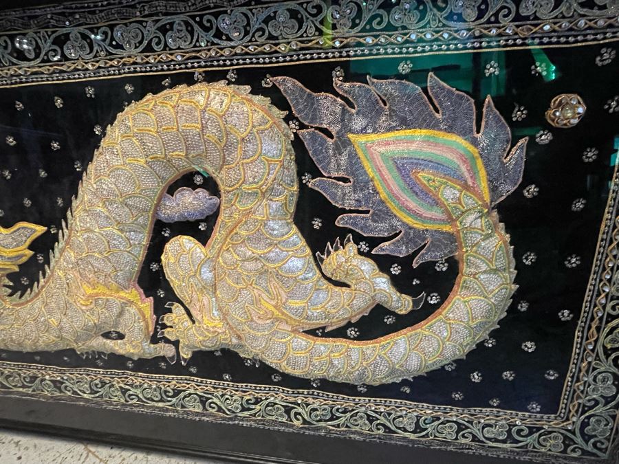 Large Impressive Shadowbox Framed Hand-Embroidery Sequin Dragon Burmese Kalaga Tapestry 58W X 30H X 3D [Photo 8]