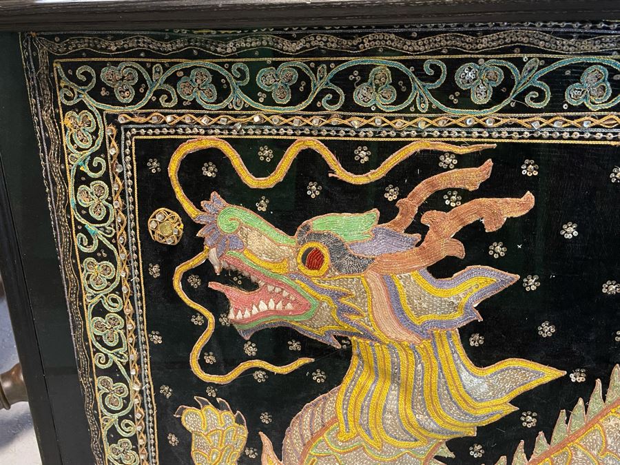 Large Impressive Shadowbox Framed Hand-Embroidery Sequin Dragon Burmese Kalaga Tapestry 58W X 30H X 3D [Photo 2]