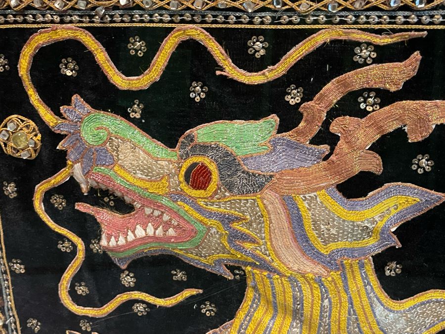 Large Impressive Shadowbox Framed Hand-Embroidery Sequin Dragon Burmese Kalaga Tapestry 58W X 30H X 3D [Photo 3]