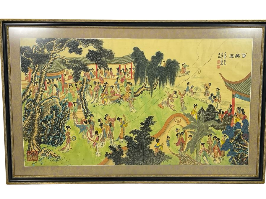 Original Asian Scroll Painting 42.5 X 24 Framed 49 X 31