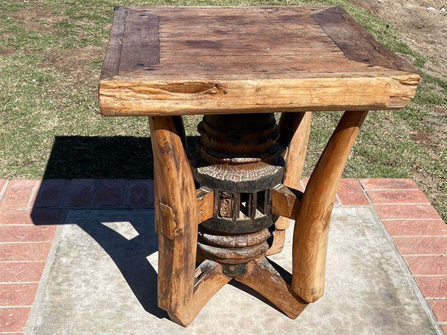 Heavy Solid Wood Rustic Wagon Wheel Side Table 24W X 27H [Photo 3]