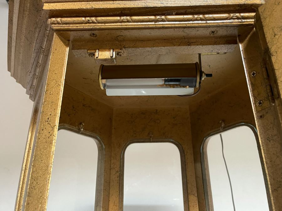 Vintage 6-Sided Gilt Wooden Curio Display Cabinet With Overhead Lighting 24W X 64H [Photo 3]