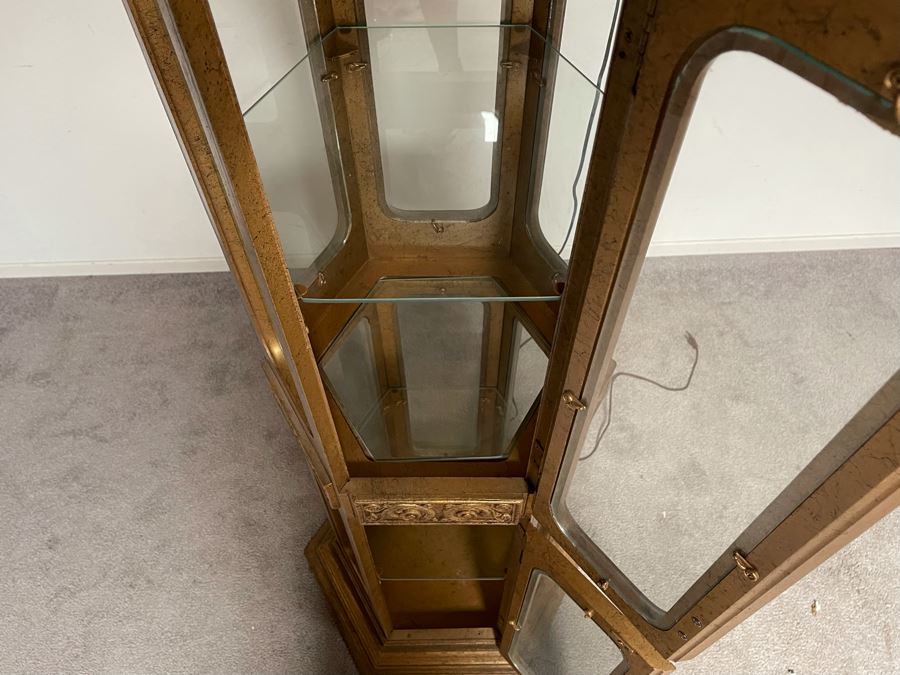 Vintage 6-Sided Gilt Wooden Curio Display Cabinet With Overhead Lighting 24W X 64H [Photo 4]