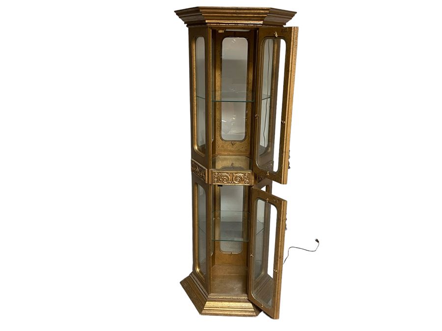 Vintage 6-Sided Gilt Wooden Curio Display Cabinet With Overhead Lighting 24W X 64H [Photo 2]