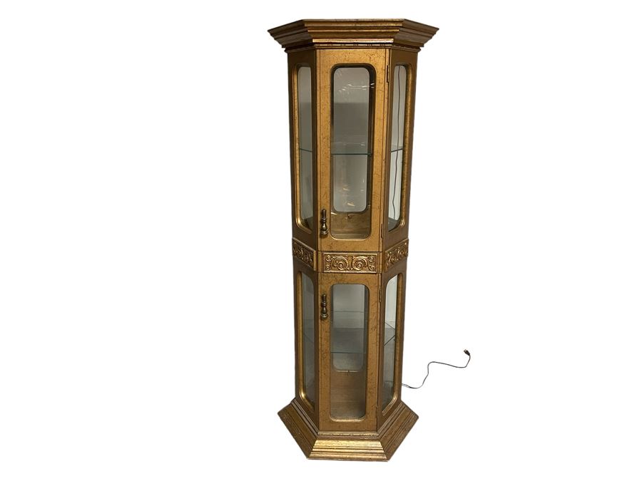 Vintage 6-Sided Gilt Wooden Curio Display Cabinet With Overhead Lighting 24W X 64H [Photo 1]
