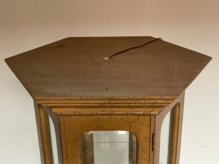 Vintage 6-Sided Gilt Wooden Curio Display Cabinet With Overhead Lighting 24W X 64H [Photo 9]