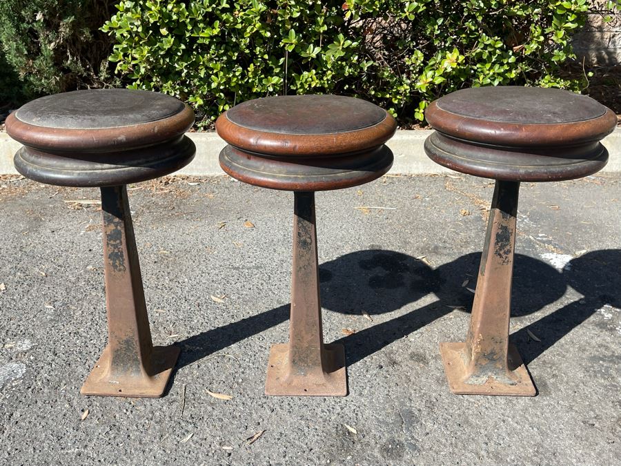 Set Of Three Short Steel Base Swivel Bar Stools With Oak And Leather Tops [Photo 1]
